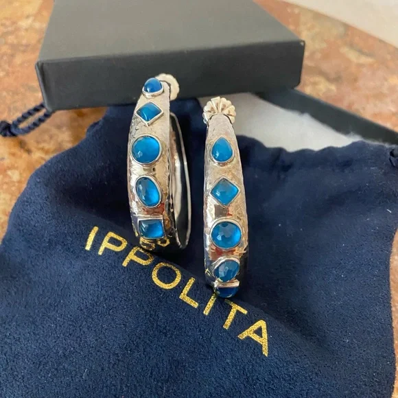 Ippolita Authentic Sterling Silver large hoops blue Topaz🩵